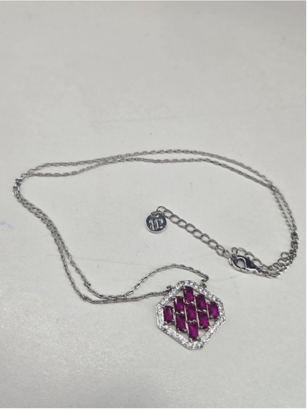 Bomb Party Necklace Silvertone Ruby Colored Gemstone Rhodium Plated Dainty